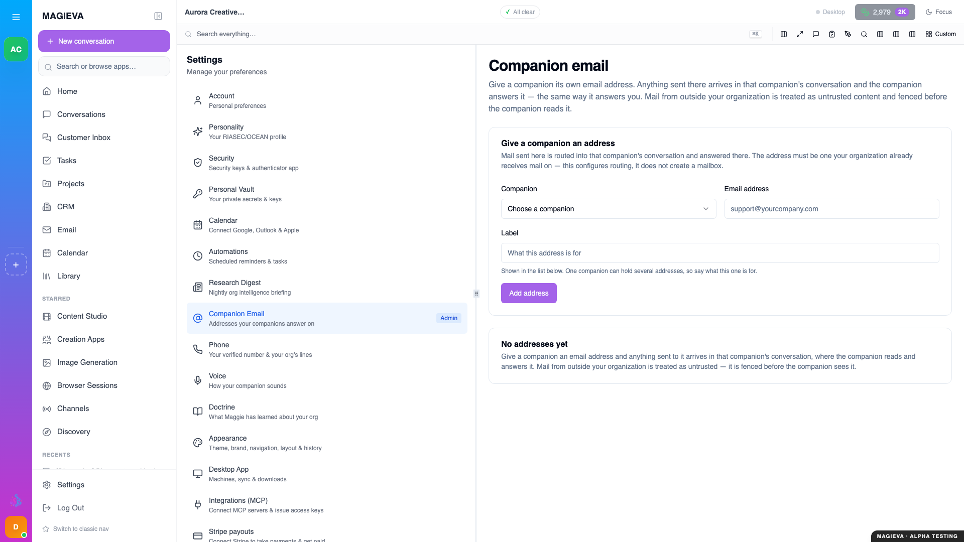 Step 1 — Settings → Companion Email, at 1920×1080