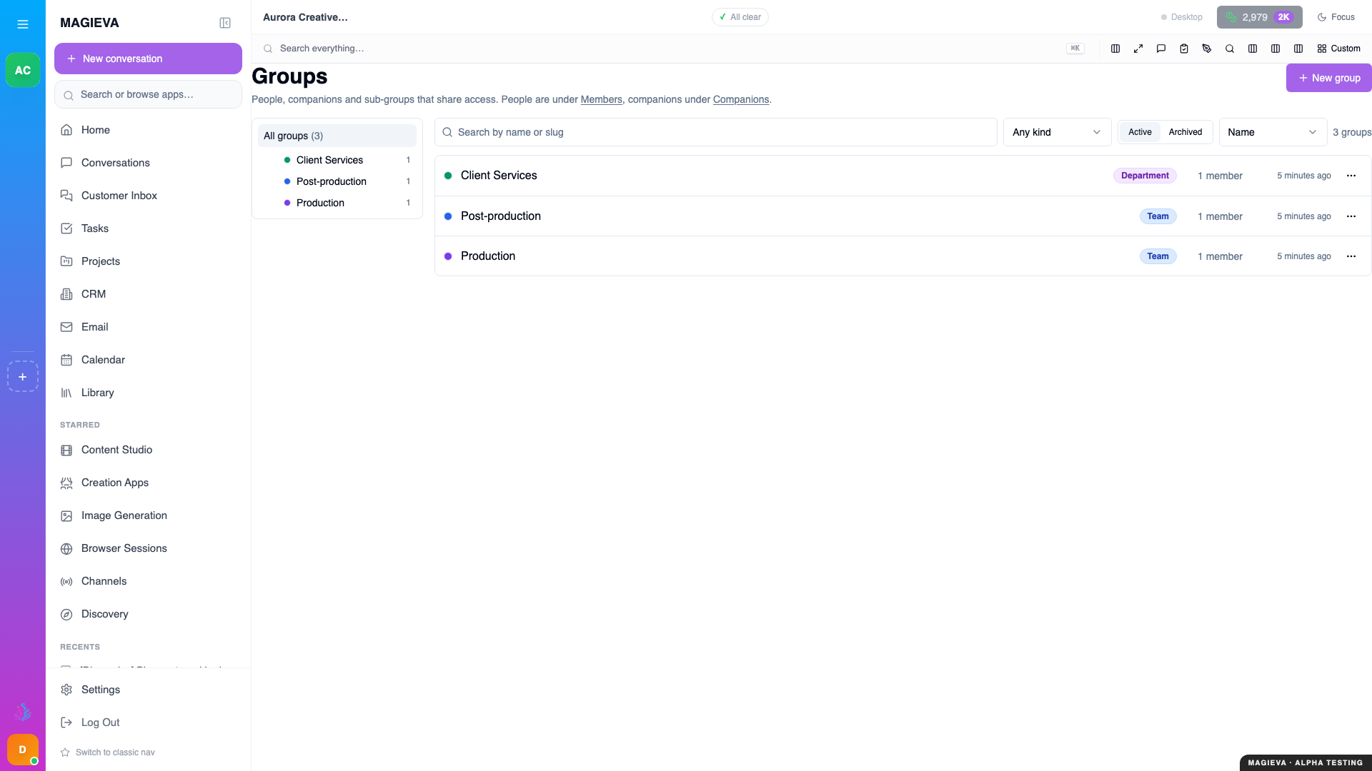 Step 1 — Groups, opened from the sidebar, listing the organization's groups, at 1920×1080