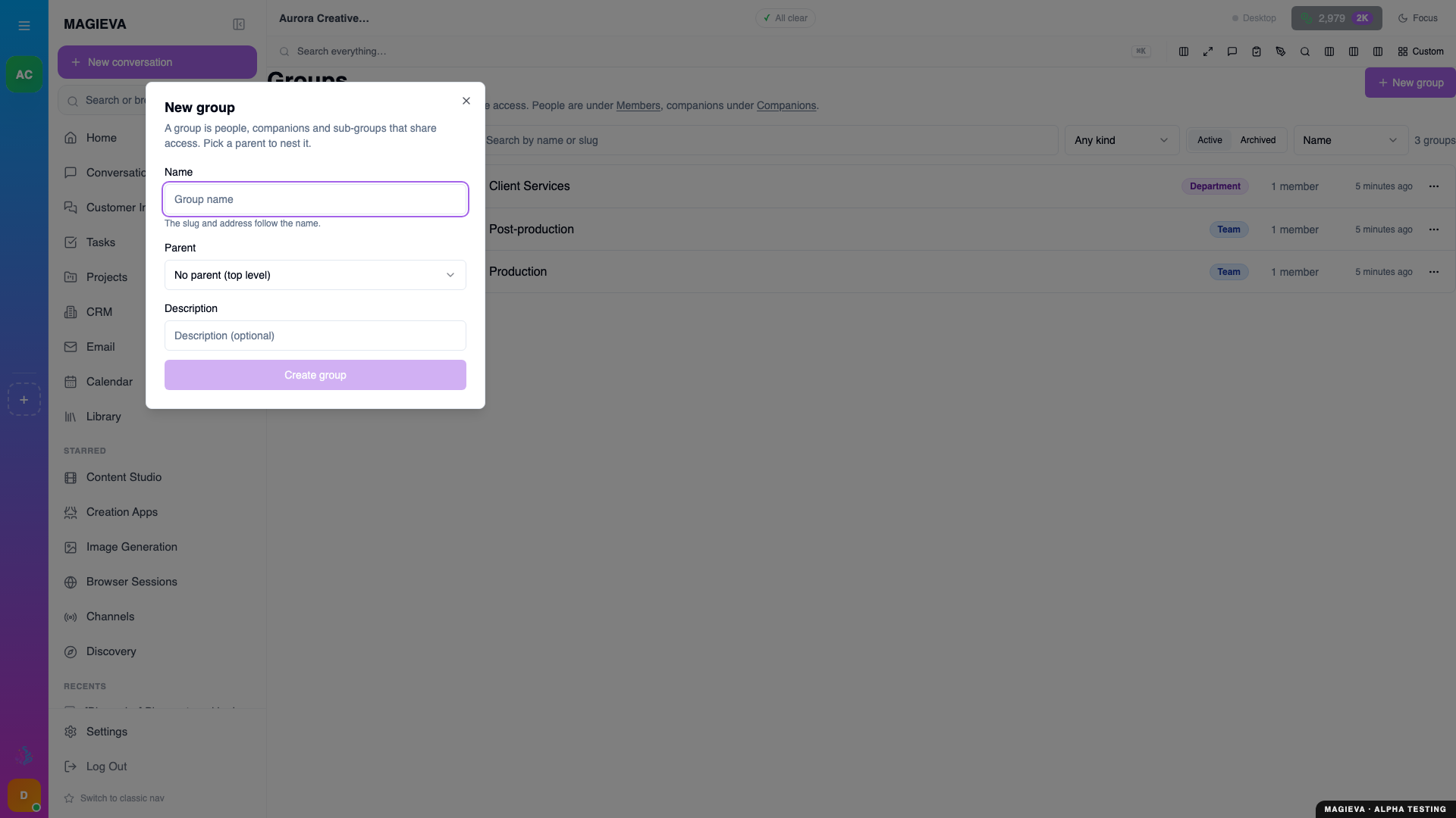 Step 5 — choosing a parent group in the New group dialog, at 1920×1080