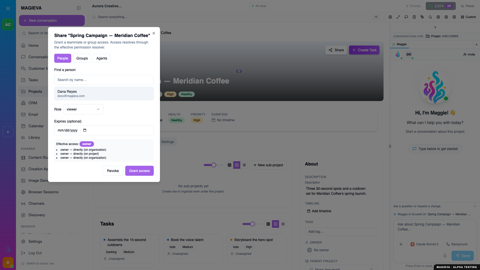 Share step 3 — the share dialog after picking a person, with the role to grant, at 1920×1080