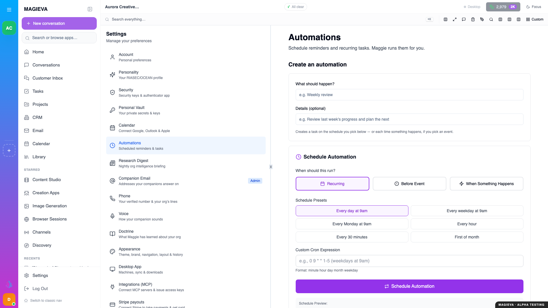 Automations settings: scheduled reminders and tasks, at 1920×1080