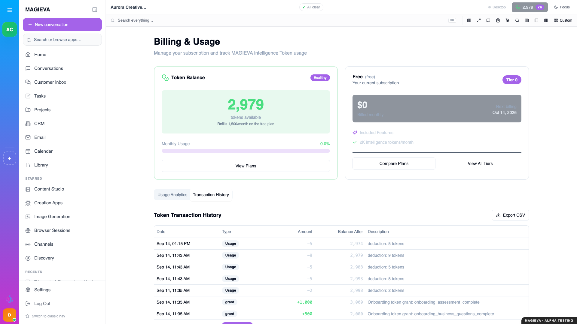 Step 2 — the Transaction History tab: what used the tokens, at 1920×1080