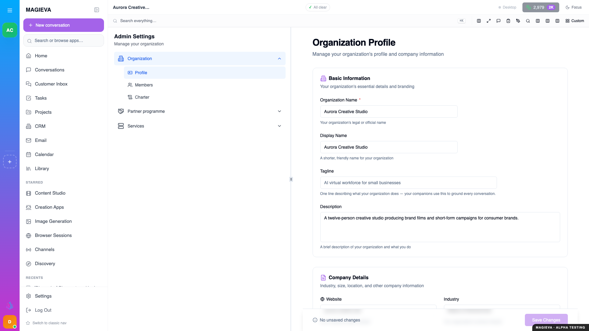 Step 1 — the organization profile form: what the company does, sells and who it sells to, at 1920×1080