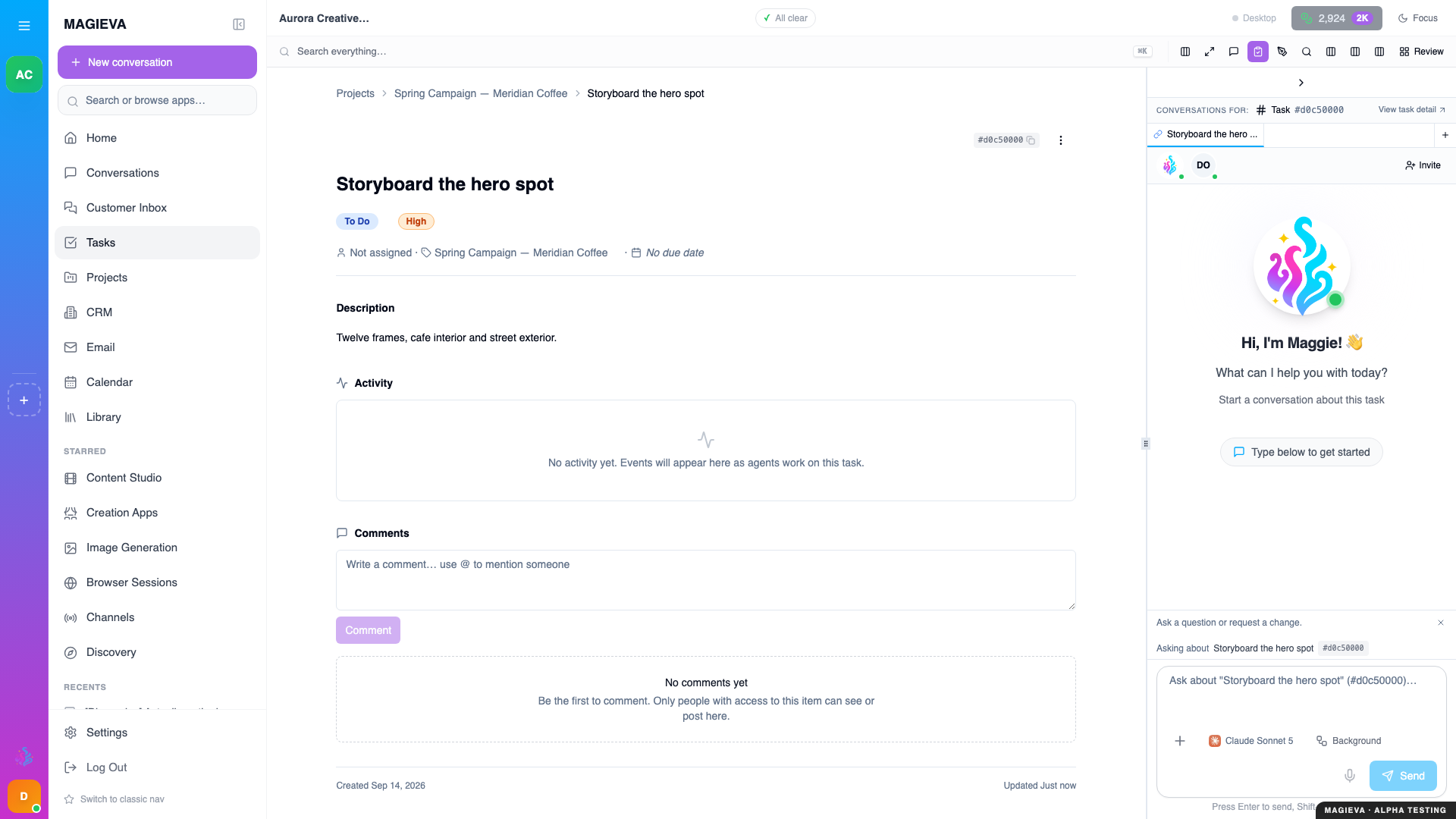 Step 3 — a task nobody has started yet, opened from its project: status To do, its description, and an activity log that is still empty, at 1920×1080