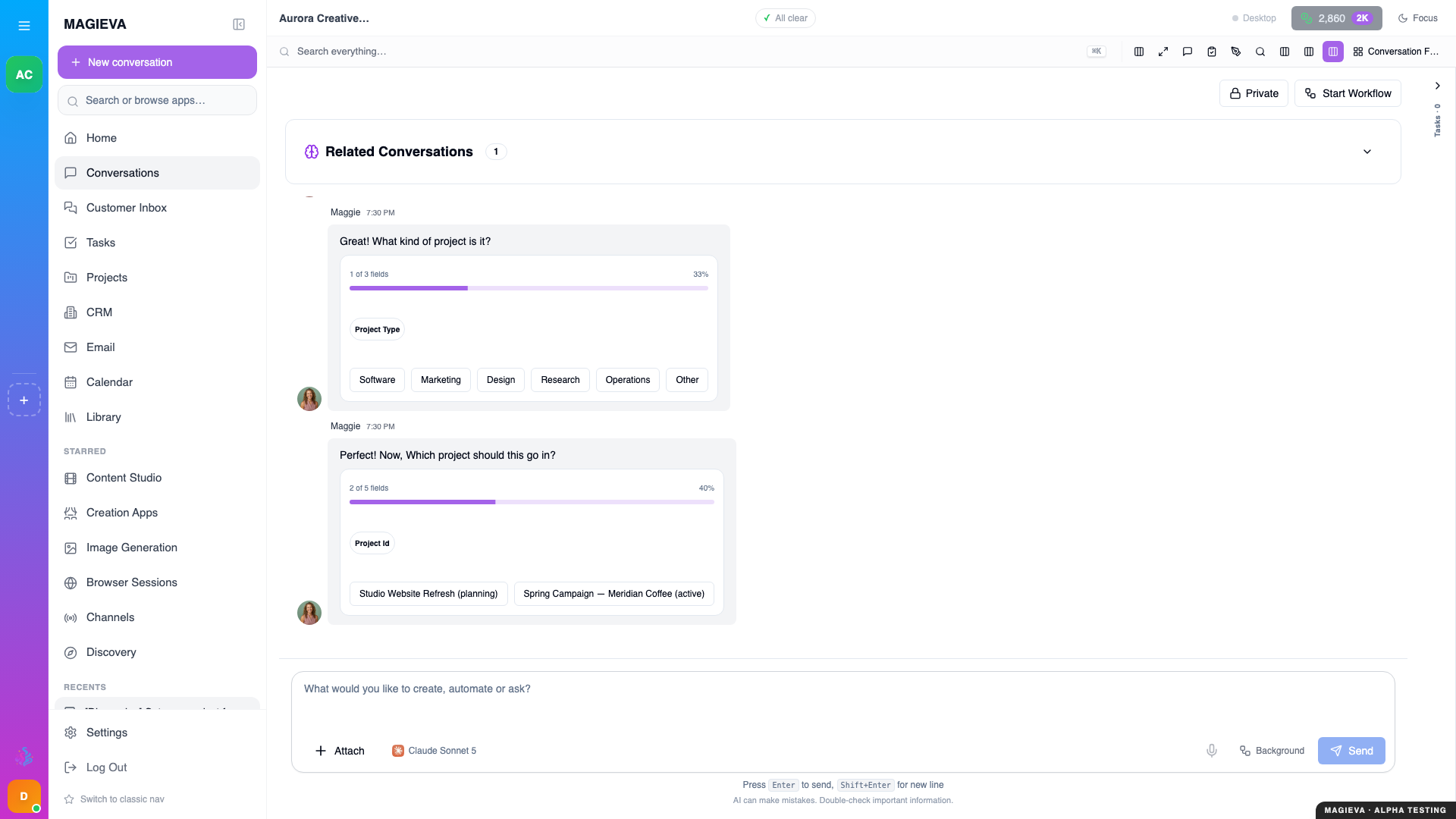 Step 1 — the request sent from Home, and Maggie asking what she needs before creating anything: the kind of project, and which project the tasks belong to, as options in the conversation, at 1920×1080