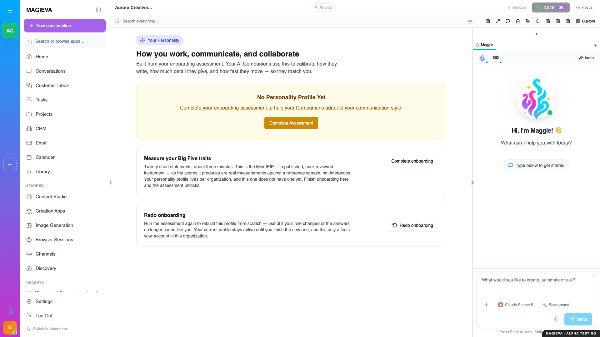 Step 6 — Settings → Personality: the page asks for the short assessment first; the tuning controls appear once it is done, at 1920×1080